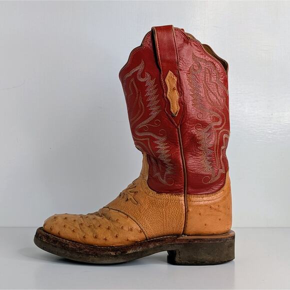 Lucchese Ostrich Goat Skin Boots 7 Red Tan Western Cowgirl Aesthetic Vintage - Picture 10 of 16